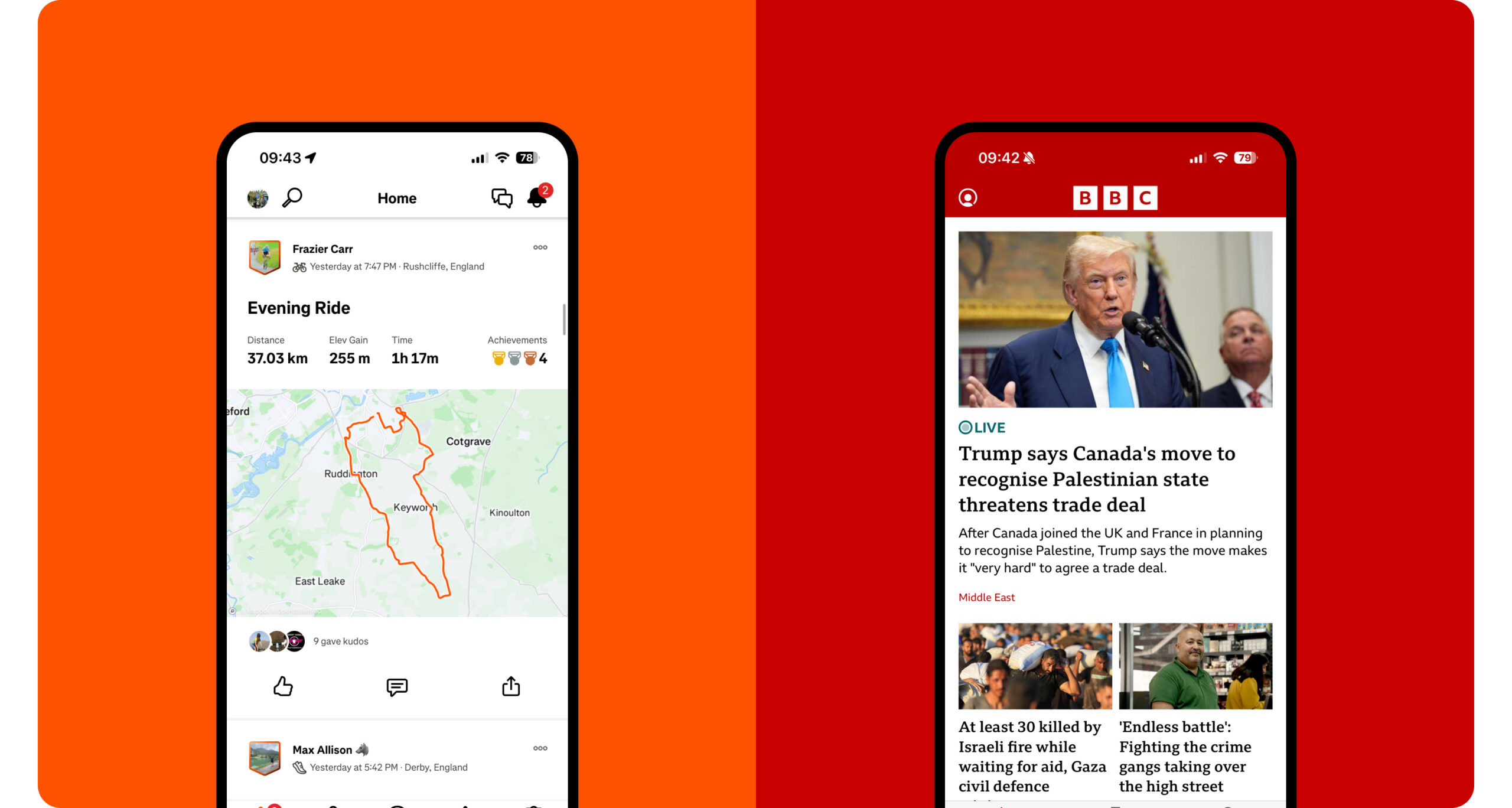 Side-by-side smartphones: left shows a cycling route map and stats on a fitness app; right displays a BBC News app with headlines and an image of a man speaking at a lectern. Both screens have red backgrounds.