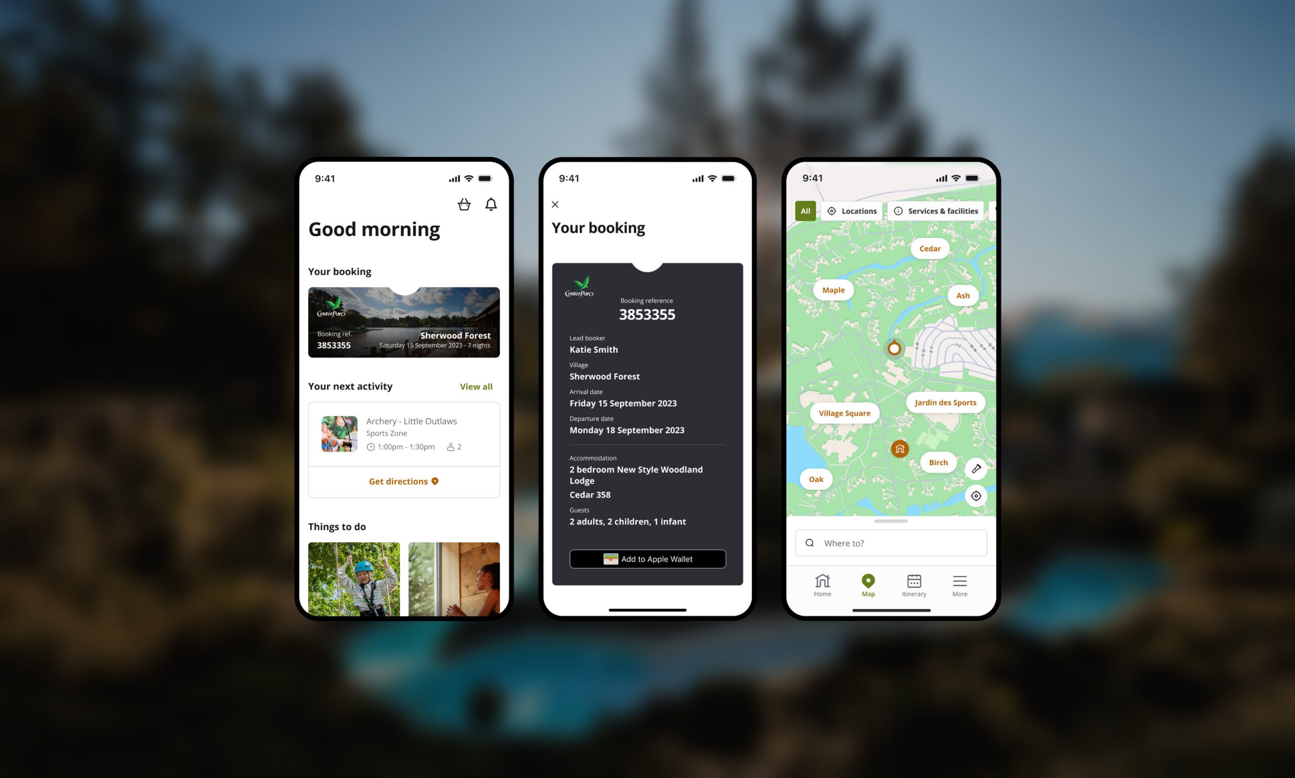 Three smartphone screens show a booking app: the first shows a home screen with bookings and activities, the second displays booking details, and the third features a detailed map with locations and trails.