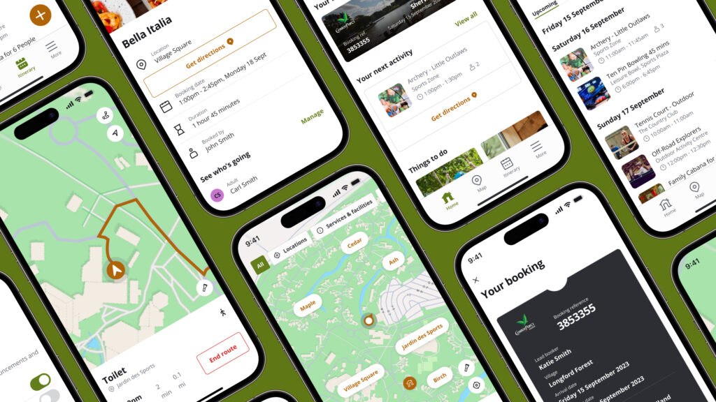 A collection of smartphone screens display various app interfaces, including maps, activity lists, booking details, and travel information, all with a consistent green and white design theme.