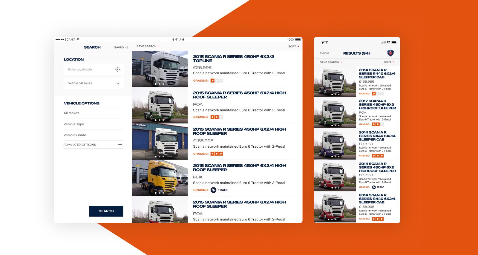 A truck sales website displays a search page with filters on the left and a list of truck listings on the right, each showing a photo, title, price, and brief details. A mobile view of the search results is also shown.