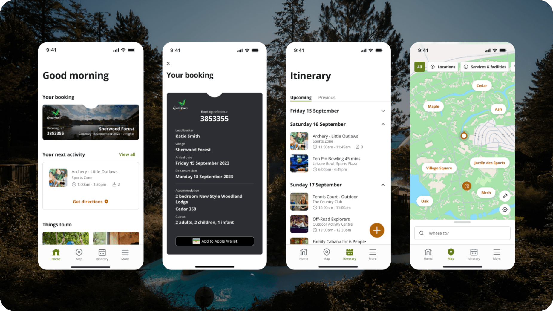 Four smartphone screens display a travel app showing a booking summary, detailed reservation info, an event itinerary, and a map with locations and activity icons, all over a nature-themed background.