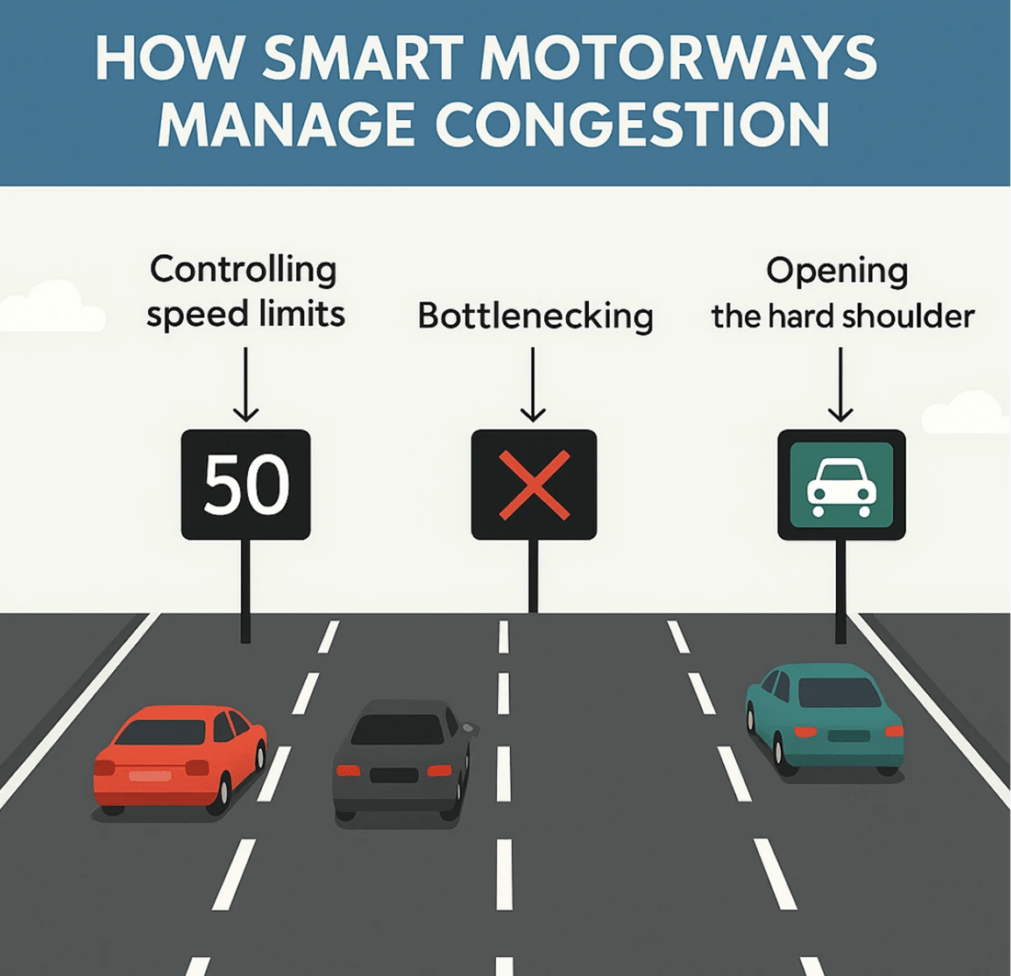 Infographic titled How Smart Motorways Manage Congestion showing cars on a motorway under signs for controlling speed limits, bottlenecking with a closed lane, and opening the hard shoulder.
