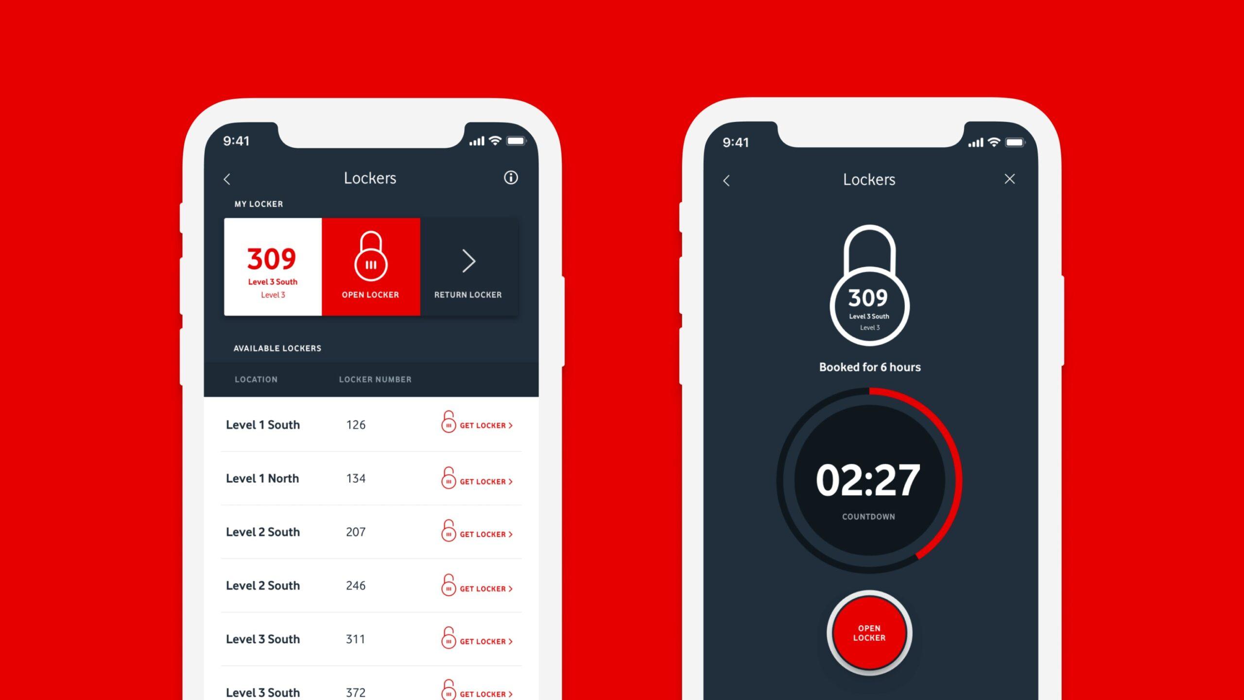 Two smartphone screens display a locker booking app. The left screen shows available locker numbers and levels; the right screen shows a booked locker with a countdown timer and an “Open Locker” button, both on a dark background.