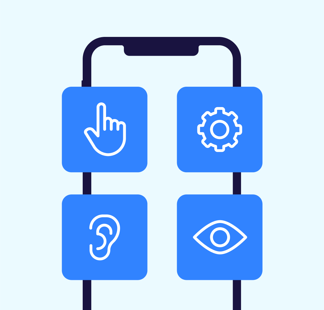 Illustration of a smartphone with four blue squares showing icons: a pointing hand, a gear, an ear, and an eye, representing accessibility features.